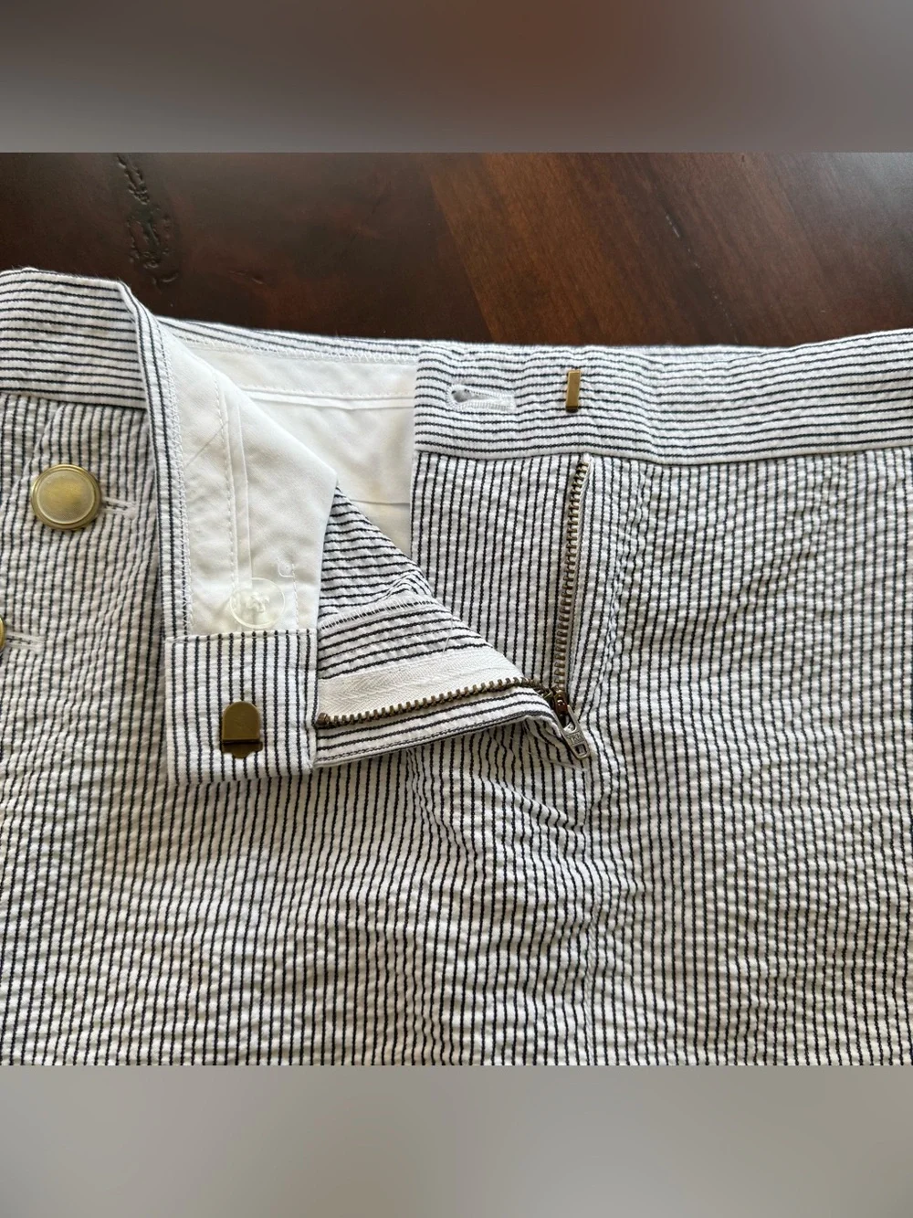 J. Crew White Seersucker Mini Skirt with Gold Buttons